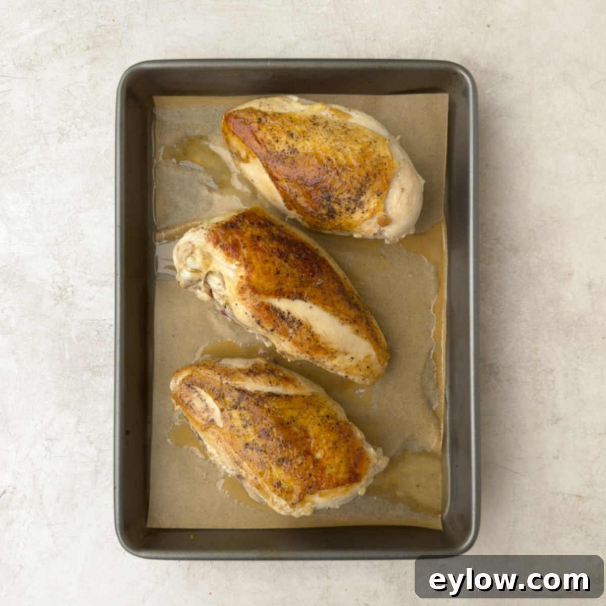 Perfectly Roasted Chicken Breasts 4 Golden bone-in chicken breasts after searing, on a rimmed baking tray ready for the oven.