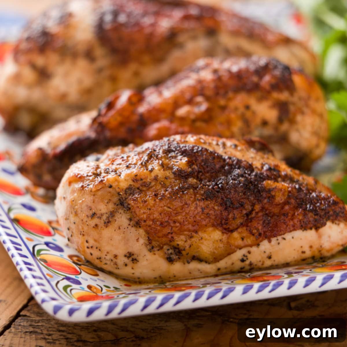 Perfectly Roasted Chicken Breasts 5 Golden, crusty baked bone-in chicken breasts on a plate, perfectly cooked.