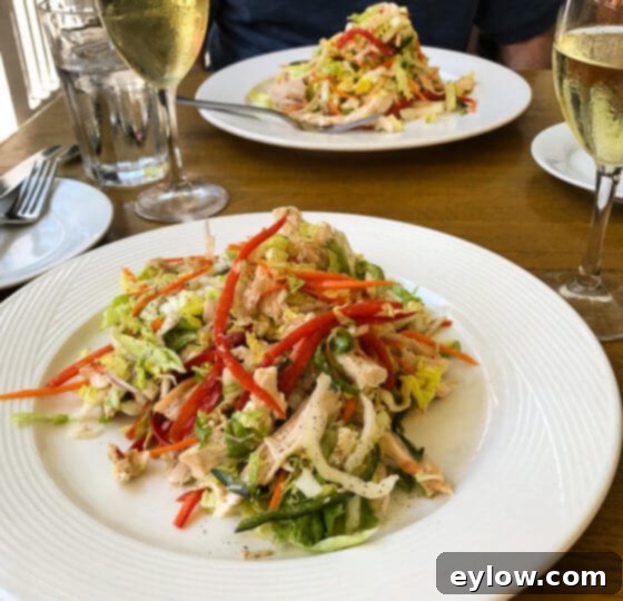 Zingy Ginger Chicken Salad 6 We both ordered the Chinese Chicken Salad. It really hit the spot. Light and crunchy with a good dose of veggies, tender chicken, and a ginger vinaigrette. Knowing I would be wanting this at home, I snapped a picture and created my own recipe.