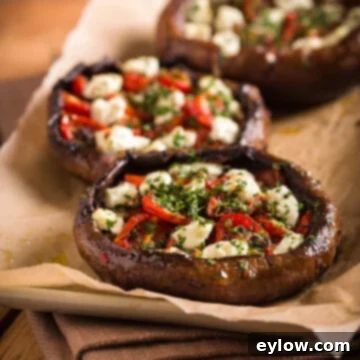 Stuffed Portobello Mushrooms with vibrant roasted tomatoes and creamy goat cheese filling, ready to be enjoyed.