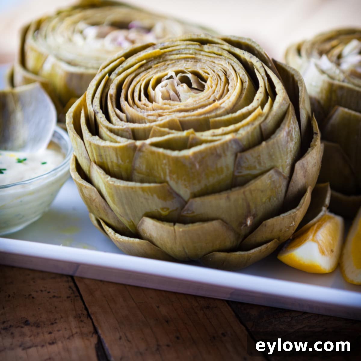 Beautifully steamed artichokes arranged on a platter, ready to be served