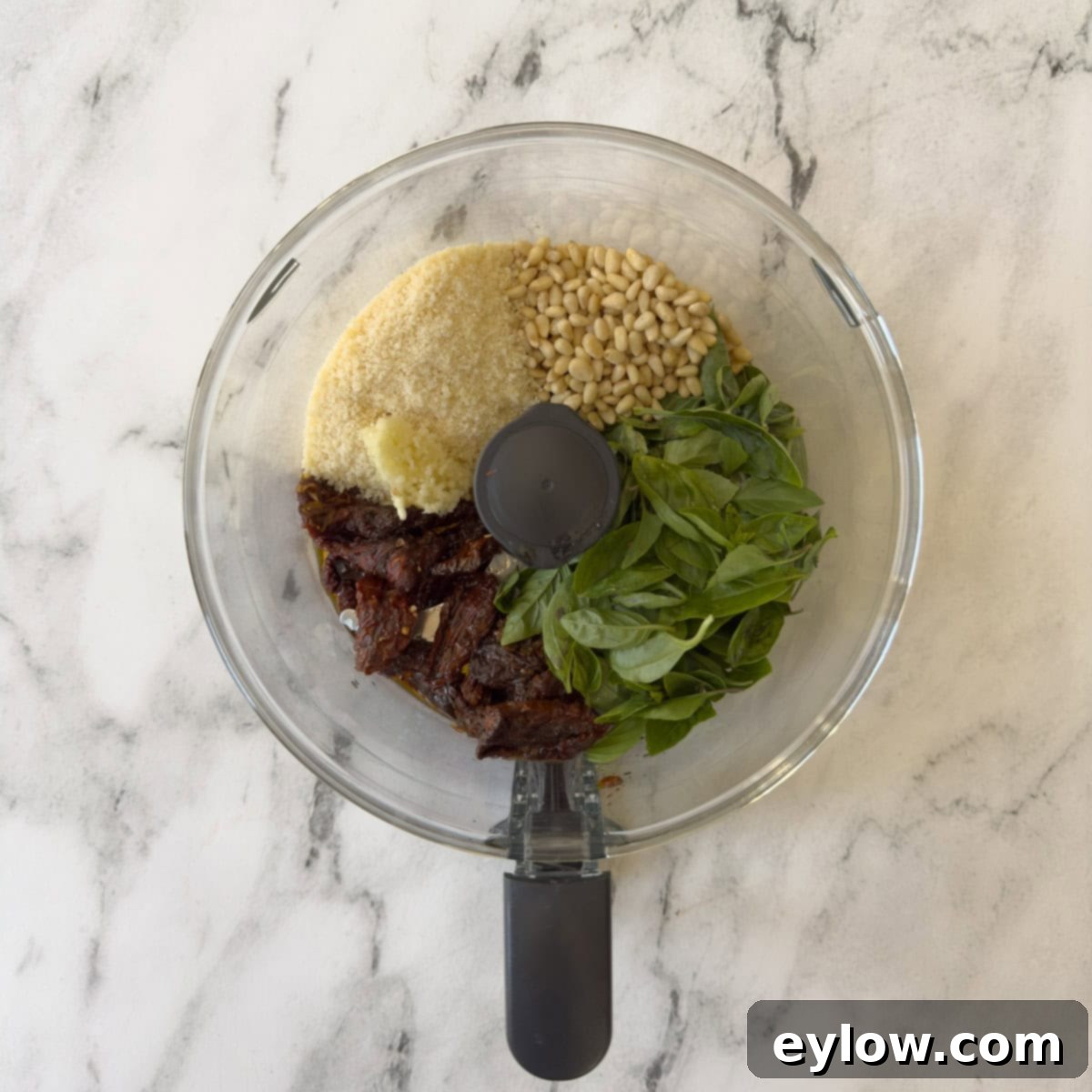 Crimson Sun Pesto 4 Sun-dried tomato pesto ingredients in a food processor.