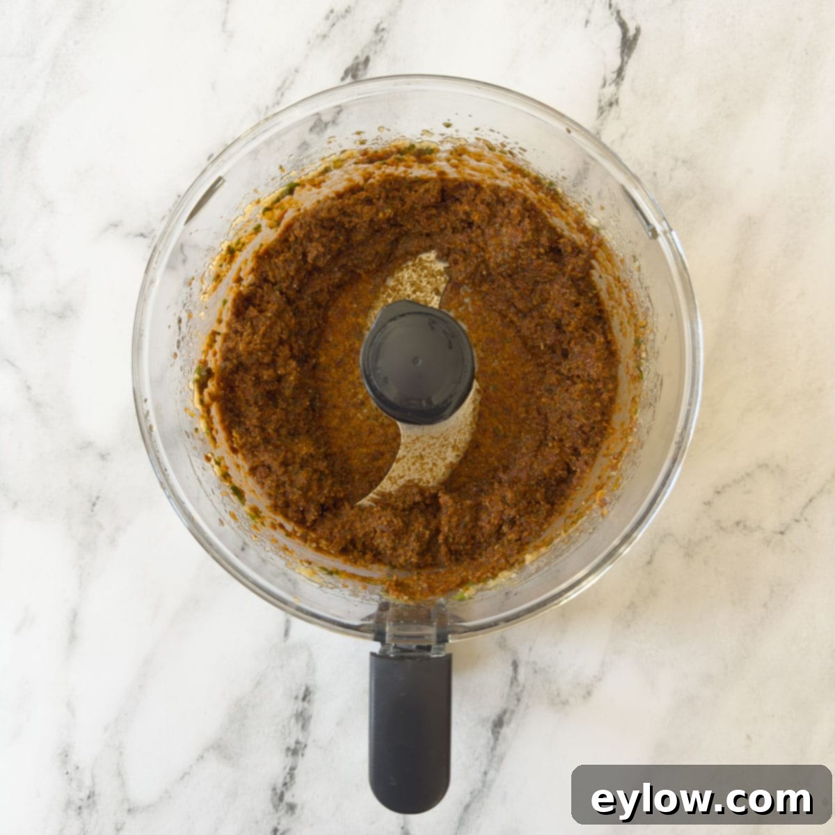 Crimson Sun Pesto 5 Pesto rosso almost smooth in a food procesor workbowl.