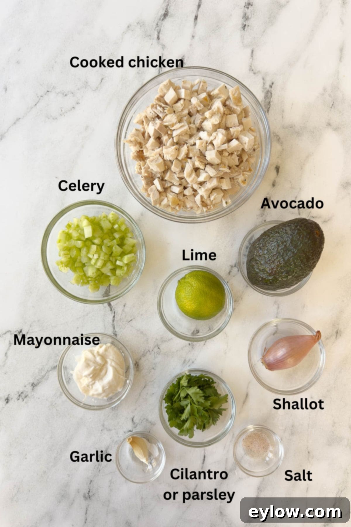 Ingredients for chicken and avocado salad in prep bowls on the counter, neatly arranged.