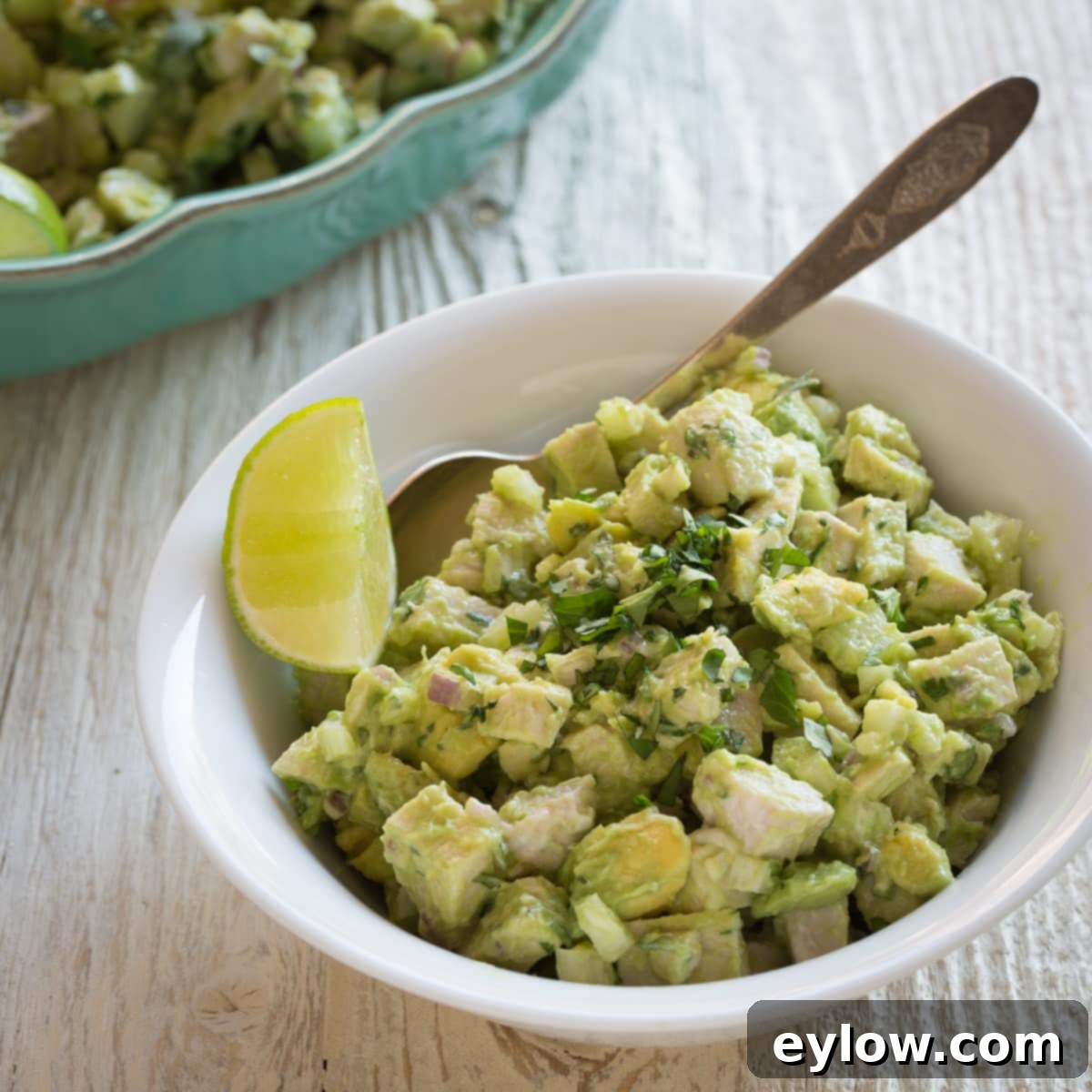 Chicken and avocado salad with a lime wedge in a white bowl with a spoon, ready to be served.