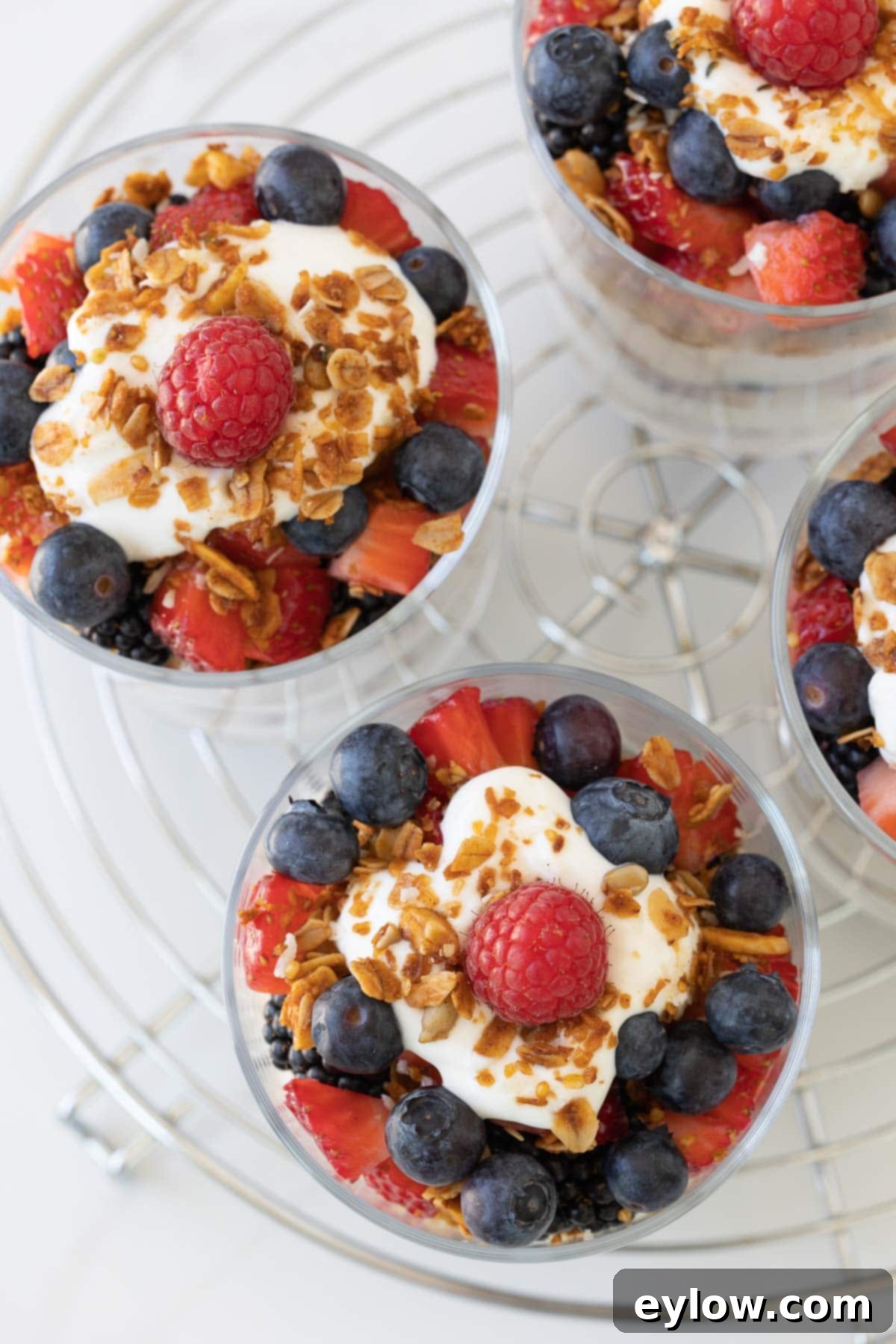 Colorful yogurt and fruit parfaits, top down view with granola.