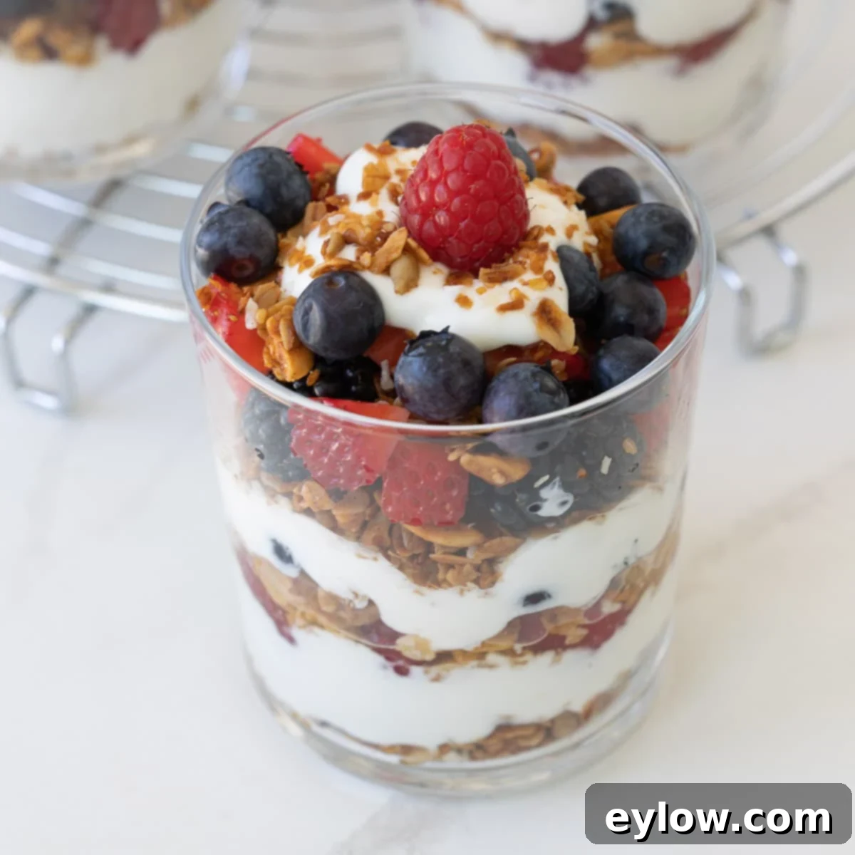 A single yogurt breakfast parfait with layers of fruit, granola, and yogurt in a clear glass.