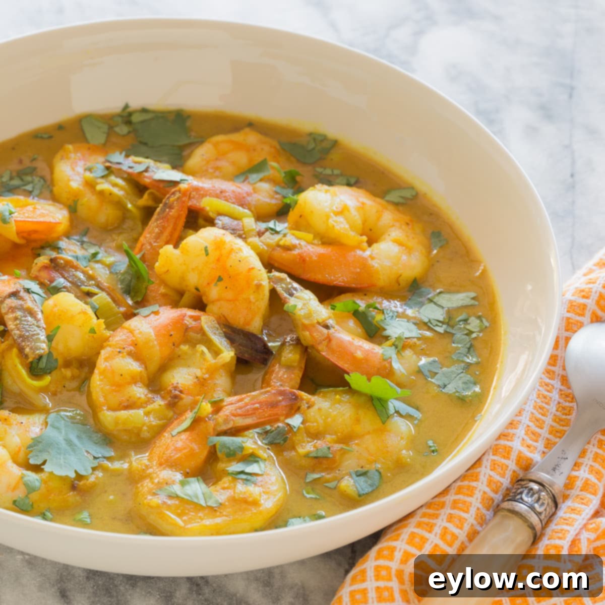 Effortless Coconut Shrimp Curry 2 Orangey colored coconut curry shrimp in a bowl, garnished with fresh cilantro.
