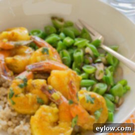 Effortless Coconut Shrimp Curry 6 A close-up shot of creamy coconut shrimp curry in a bowl, with a rich golden sauce.