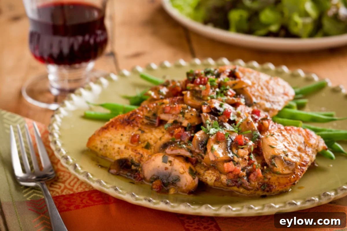 Chicken Marsala on a plate with vibrant green beans, showcasing the rich sauce and golden chicken.