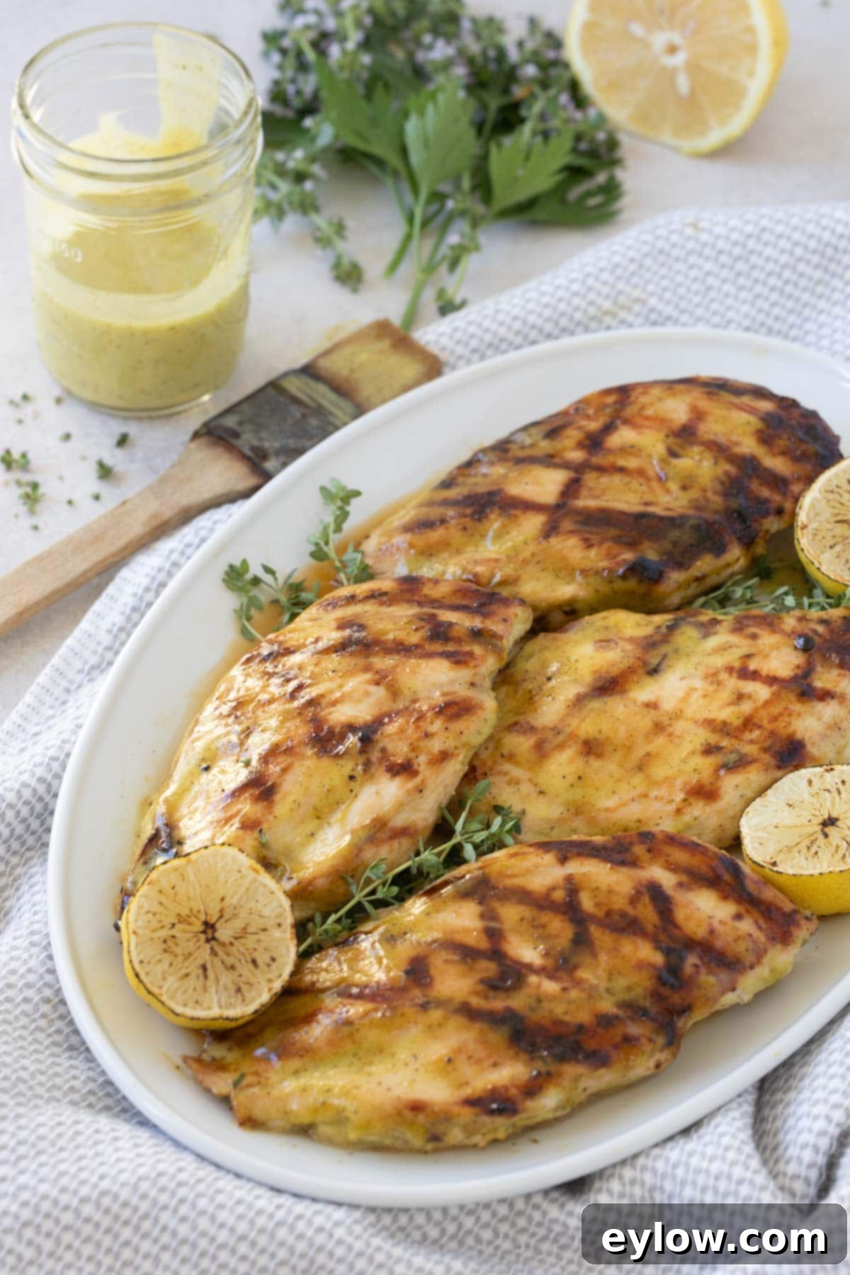 White platter of grilled chicken breasts with lemon and herbs.