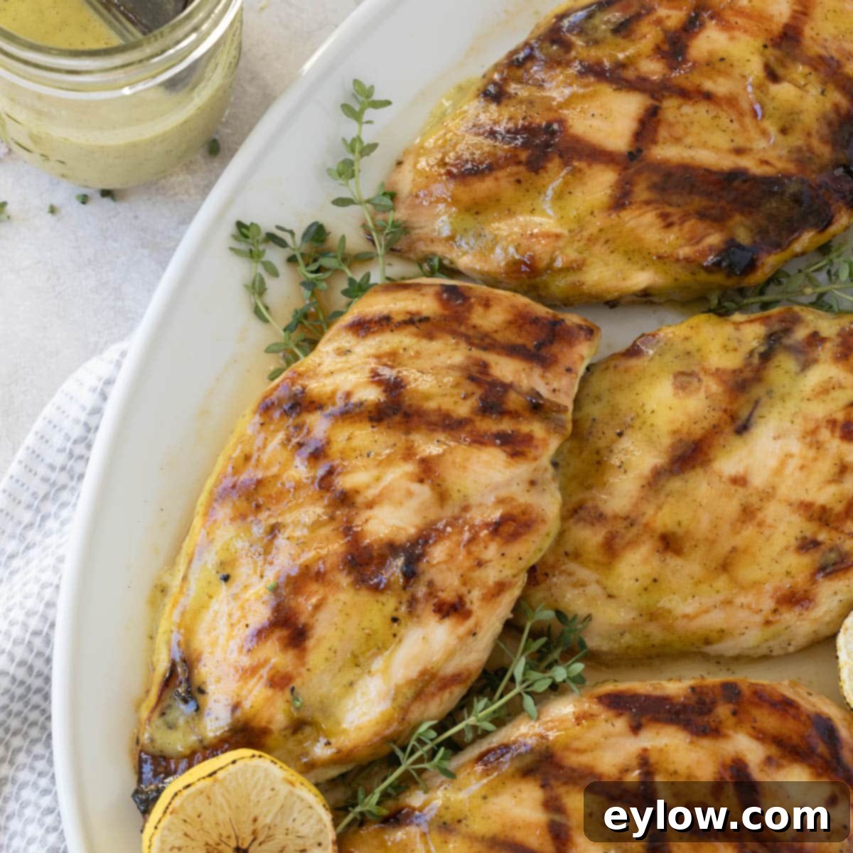 Platter of grilled chicken breasts with herbs and grilled lemon halves.