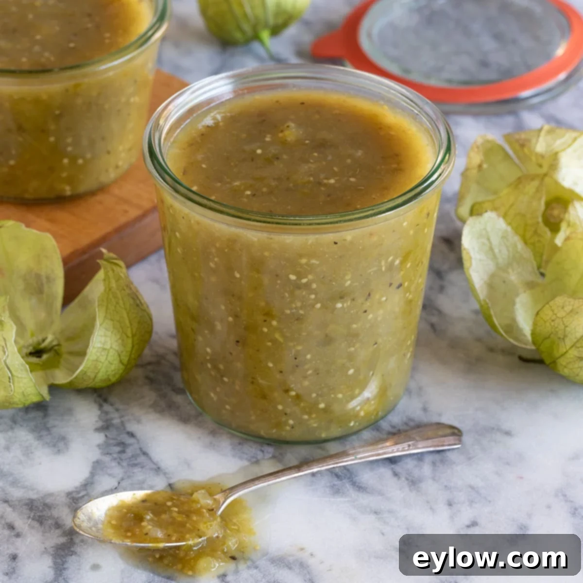 Zesty Roast Chicken Verde Enchiladas 3 Freshly made green tomatillo salsa verde in a white bowl, garnished with cilantro, showcasing its vibrant color and smooth texture.