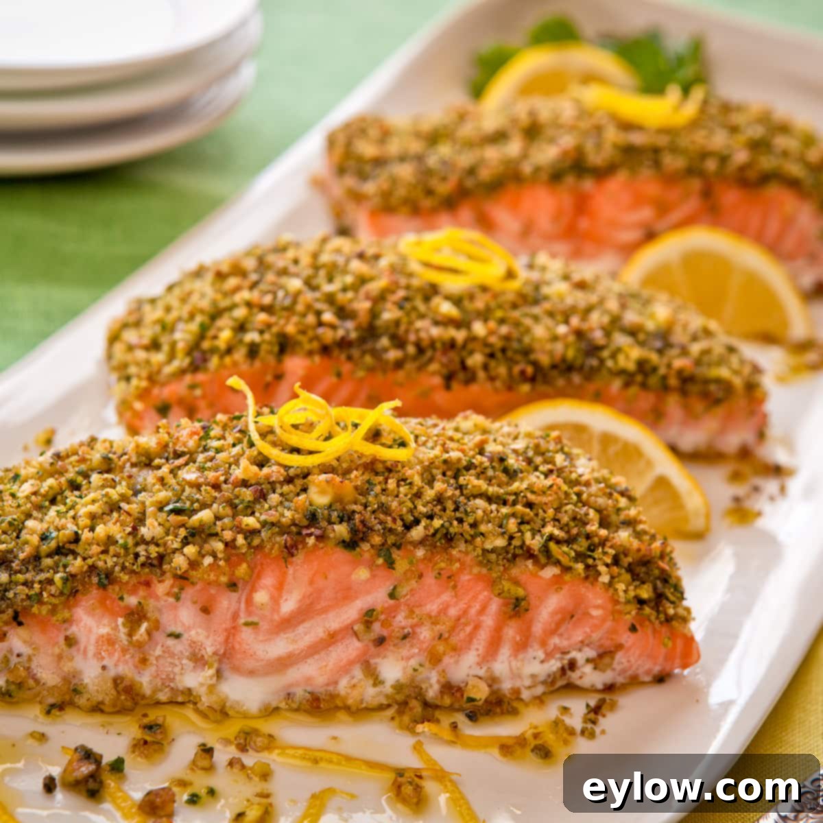 Crunchy Pistachio Salmon Bake 2 Baked orange salmon with pistachio crust on a long white platter and green table cloth, garnished with fresh herbs and lemon wedges.