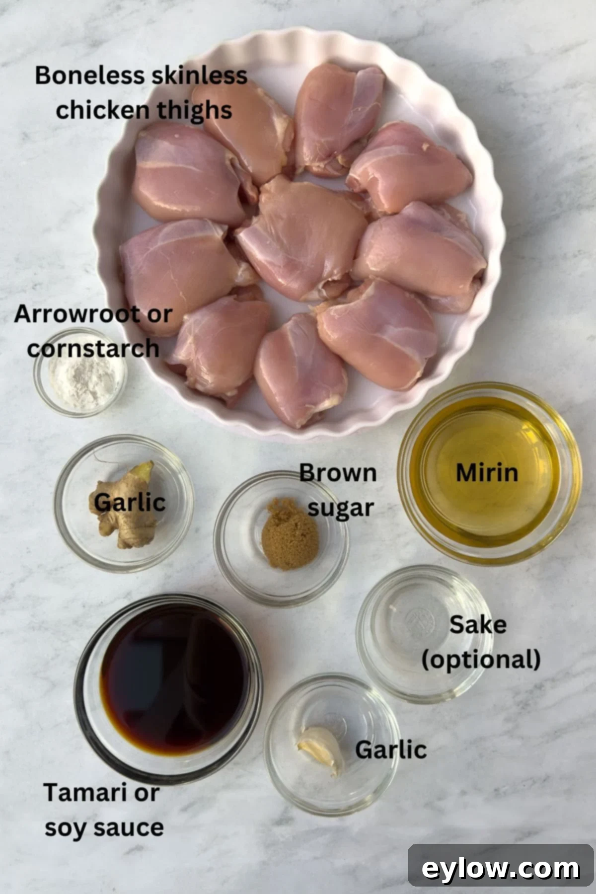 Ingredients for teriyaki chicken thighs with homemade teriyaki sauce. 