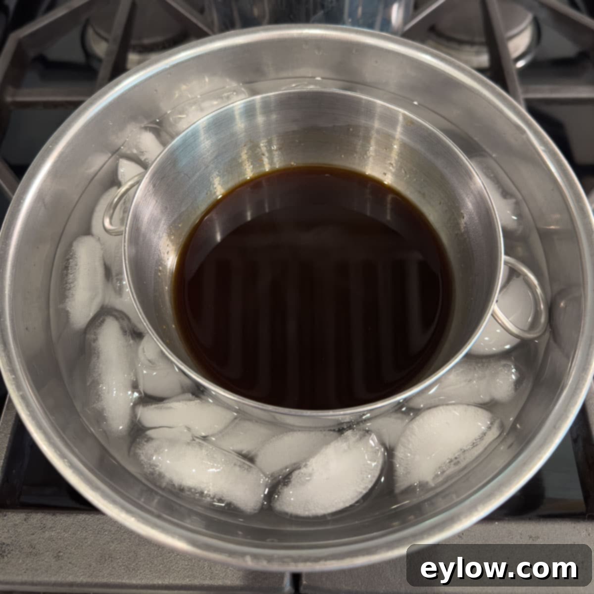 Finished teriyaki sauce cooling in an ice bath before using.