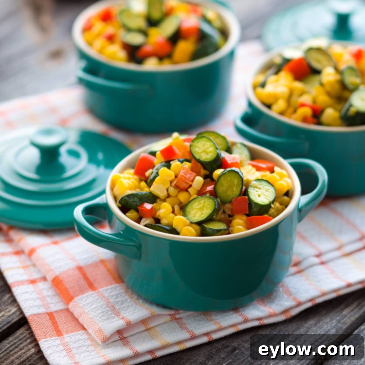 Colorful summer vegetables medley of corn, pepper, zucchini. A vibrant and healthy side dish.