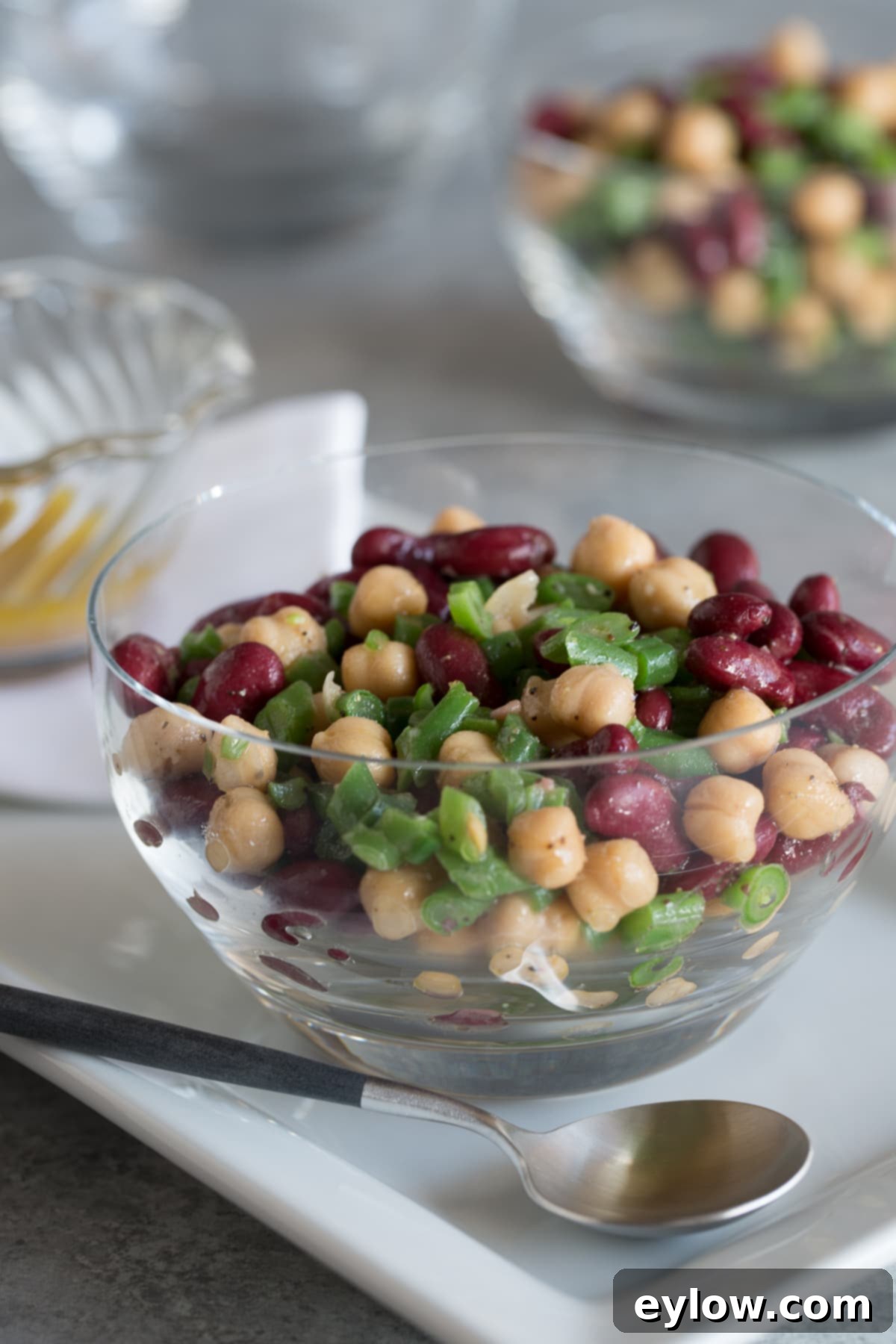 Effortless Zesty Three Bean Salad 2 Colorful 3-bean salad in a glass bowl with a silver spoon and vinaigrette.