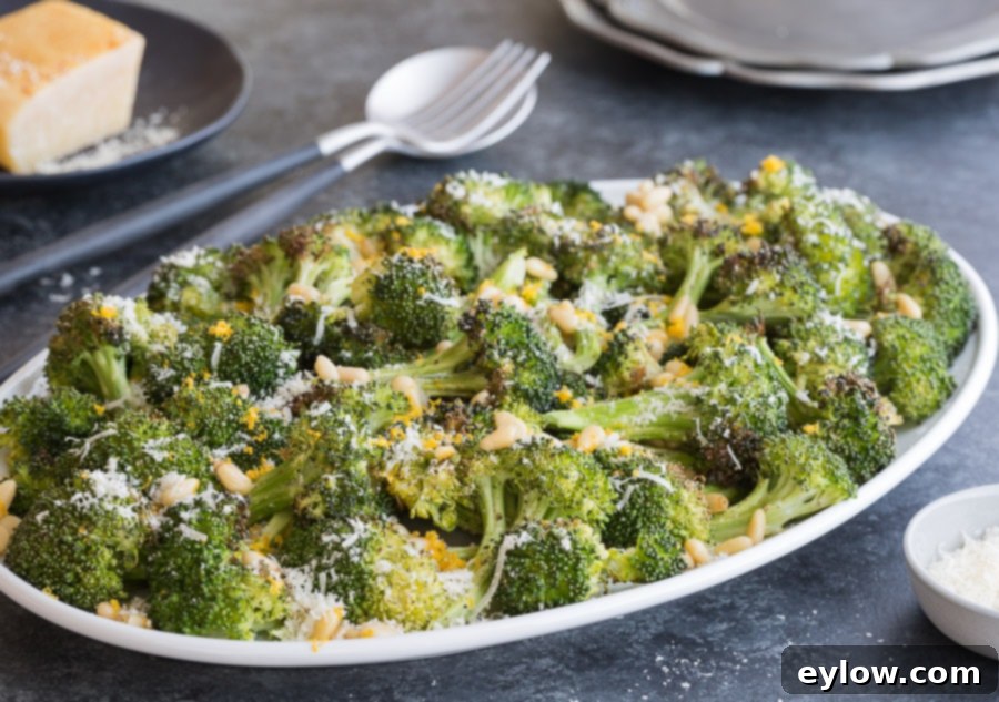 Platter of roasted broccoli with lemon and Parmesan ready for dinner