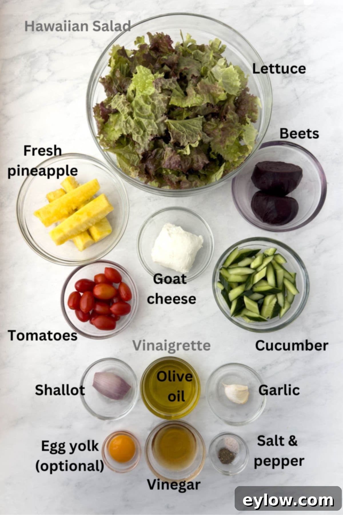 Hawaiian Goat Cheese Salad 3 A colorful array of ingredients for a Hawaiian salad, including crisp salad greens, ripe cherry tomatoes, creamy goat cheese, golden pineapple chunks, fresh cucumbers, earthy beets, and a vibrant vinaigrette, all ready for assembly.