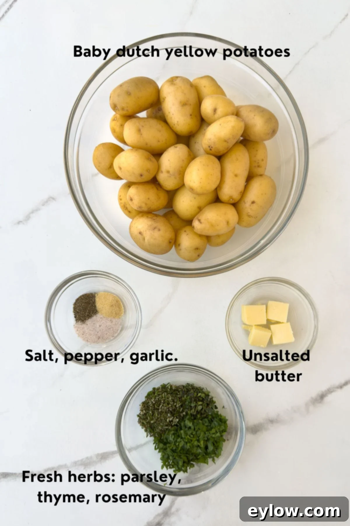 Golden Buttered Potato Gems 3 Ingredients for Baby dutch yellow potatoes on the counter.