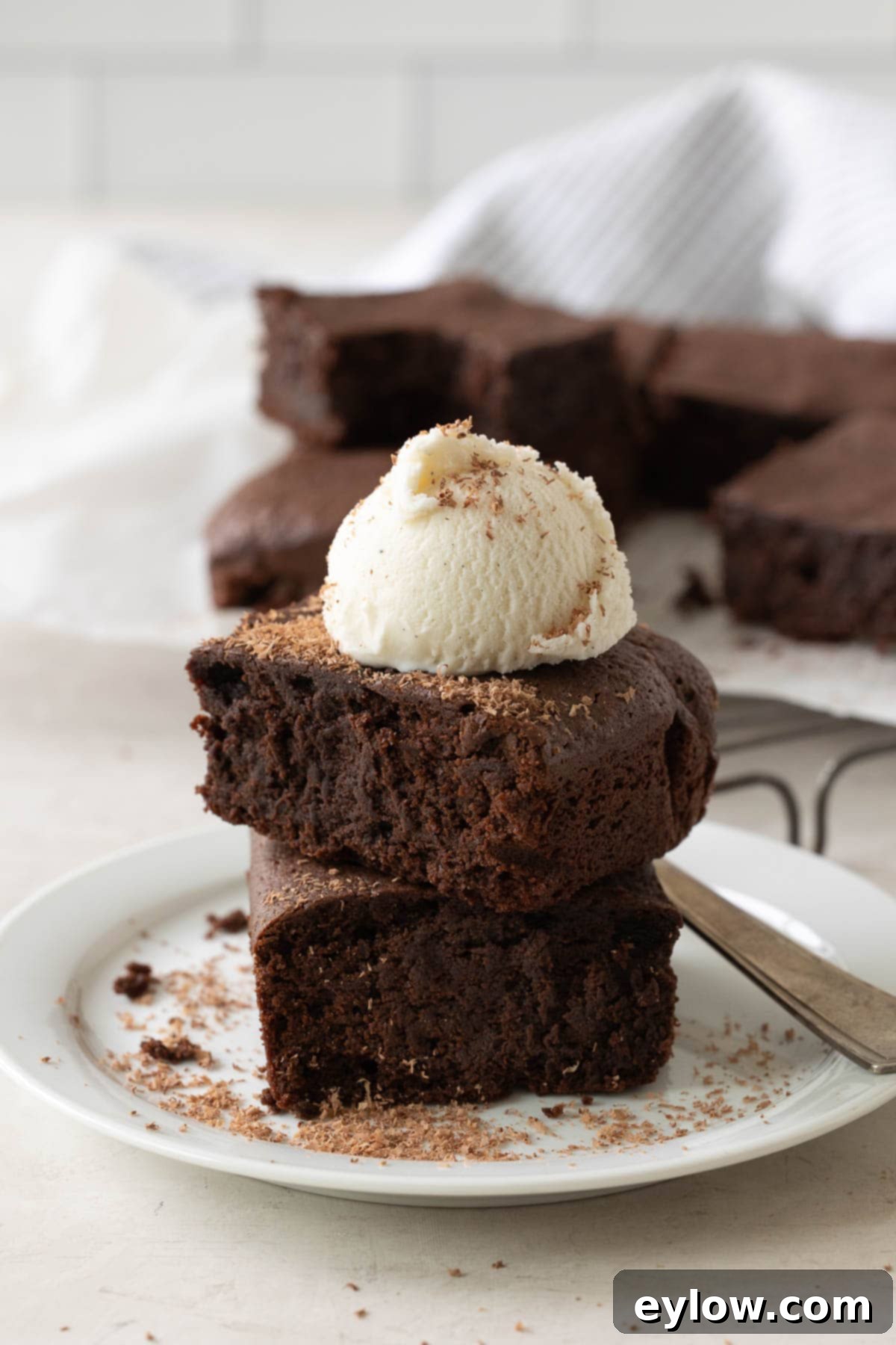 Decadent Fudgy Gluten-Free Chocolate Brownies 12 A warm gluten-free brownie on a plate topped with a small scoop of vanilla ice cream, ready to be enjoyed.