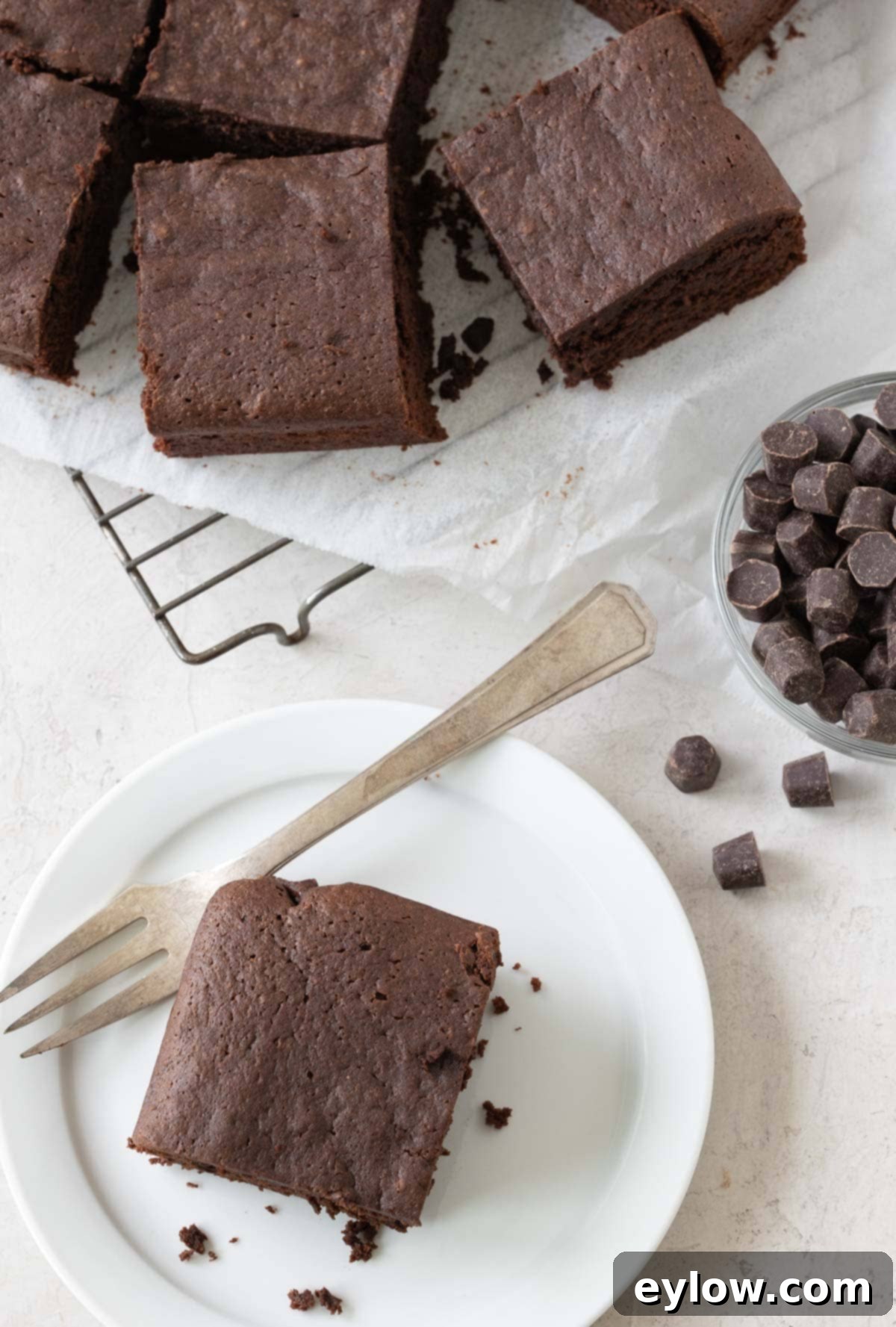 Decadent Fudgy Gluten-Free Chocolate Brownies 10 Sliced gluten-free brownies neatly arranged on a cooling rack, with one piece served on a small plate.