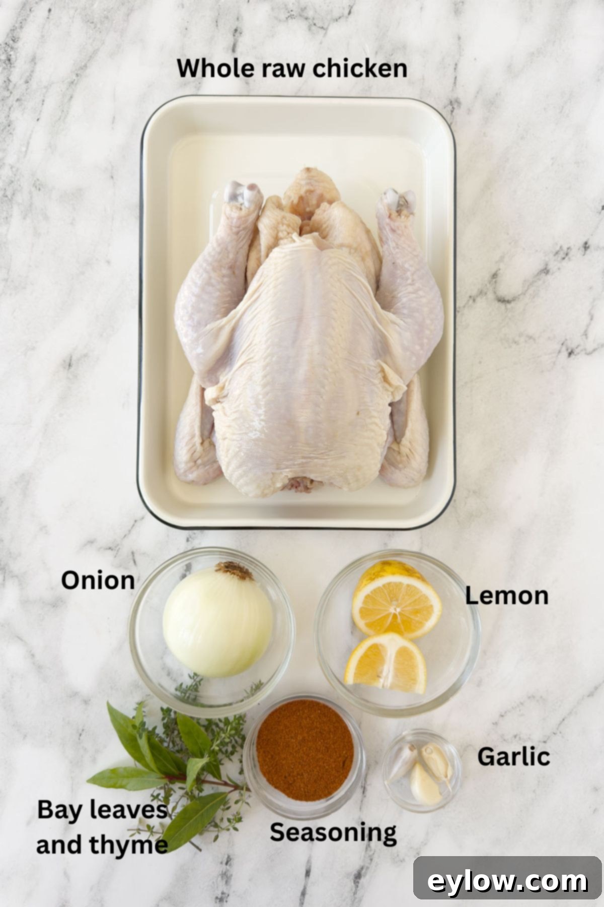 Various ingredients for rotisserie chicken arranged on a white surface, including a whole raw chicken, fresh onion, a bright yellow lemon, aromatic herbs like rosemary and thyme, and a small bowl of dry seasoning mix.