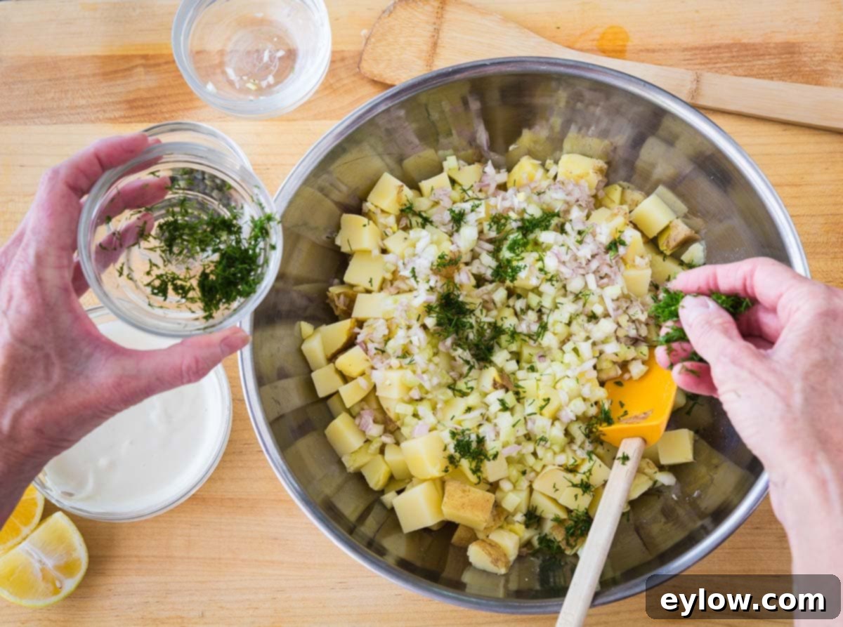 A large silver mixing bowl filled with creamy potato salad, garnished with vibrant green fresh herbs and finely chopped shallots, being gently mixed.