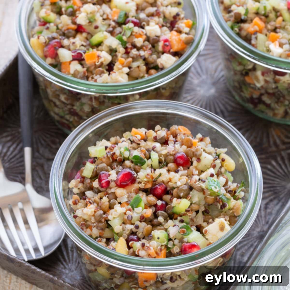 Zesty Lentil Quinoa Bliss 3 Brightly colored lentil quinoa salad beautifully presented in individual glass jars on a tray, ready for serving or meal prep, with forks.