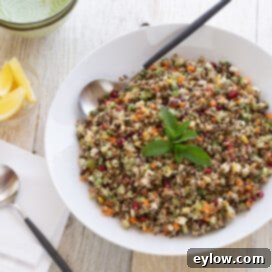 Zesty Lentil Quinoa Bliss 5 A white bowl of lentil quinoa salad with basil leaves and a serving spoon.