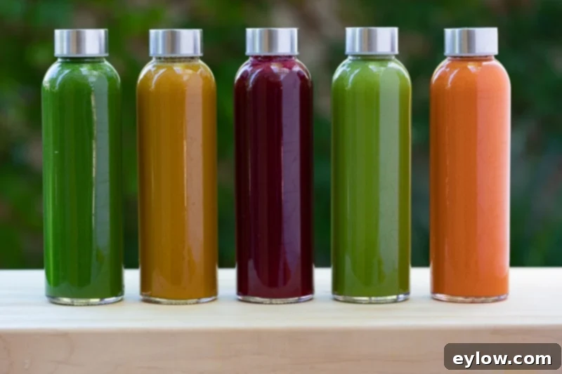 Green, gold, purple and orange vegetable juices in bottles.