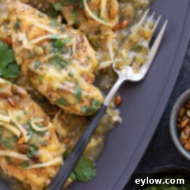 A gray platter of sals verde chicken breasts with tomatillo sauce, grated cheese and chopped cilantro.