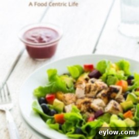 Luscious Blueberry Vinaigrette 4 A vibrant, purple Blueberry Vinaigrette drizzled over a fresh, colorful salad with grilled chicken.