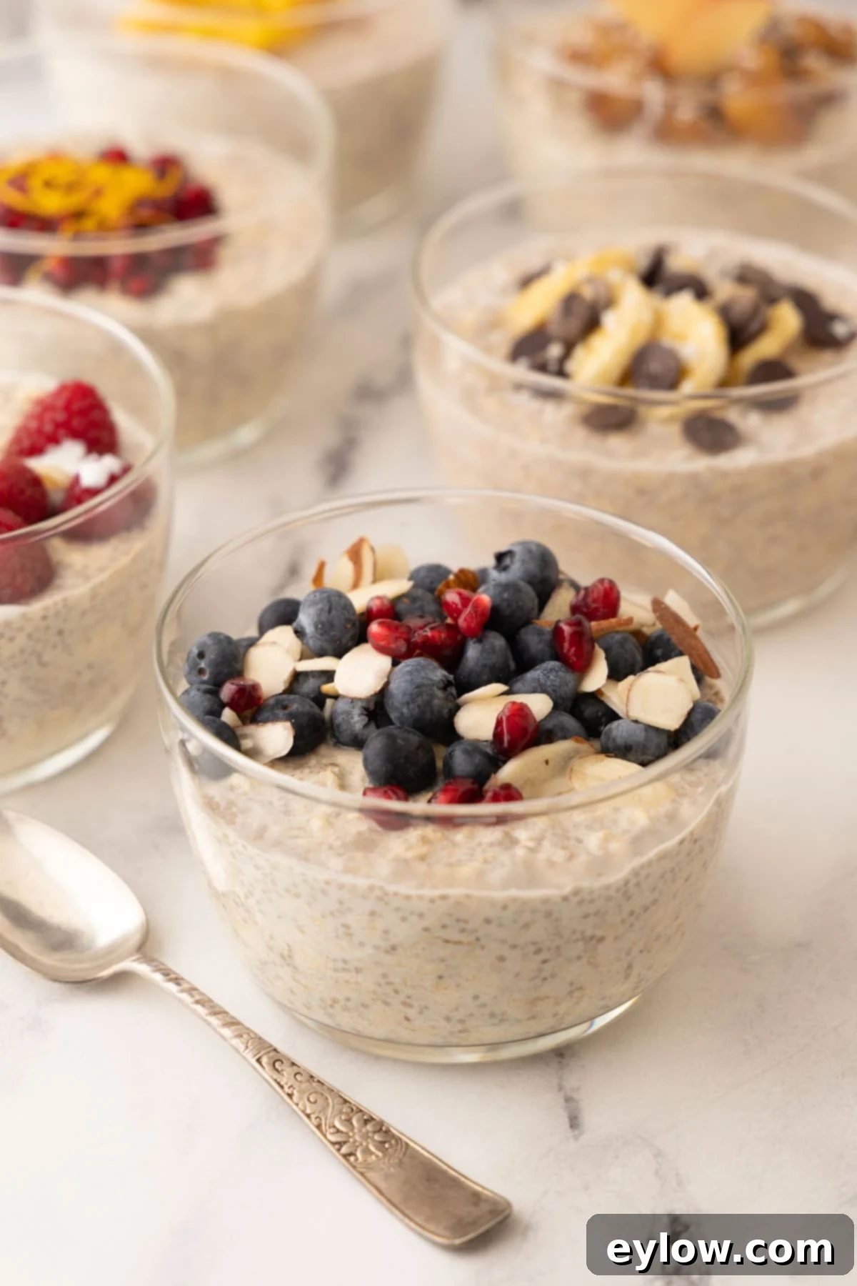 A glass bowl of overnight oats with blueberries and pomegranate seeds, showcasing a healthy, vibrant breakfast.