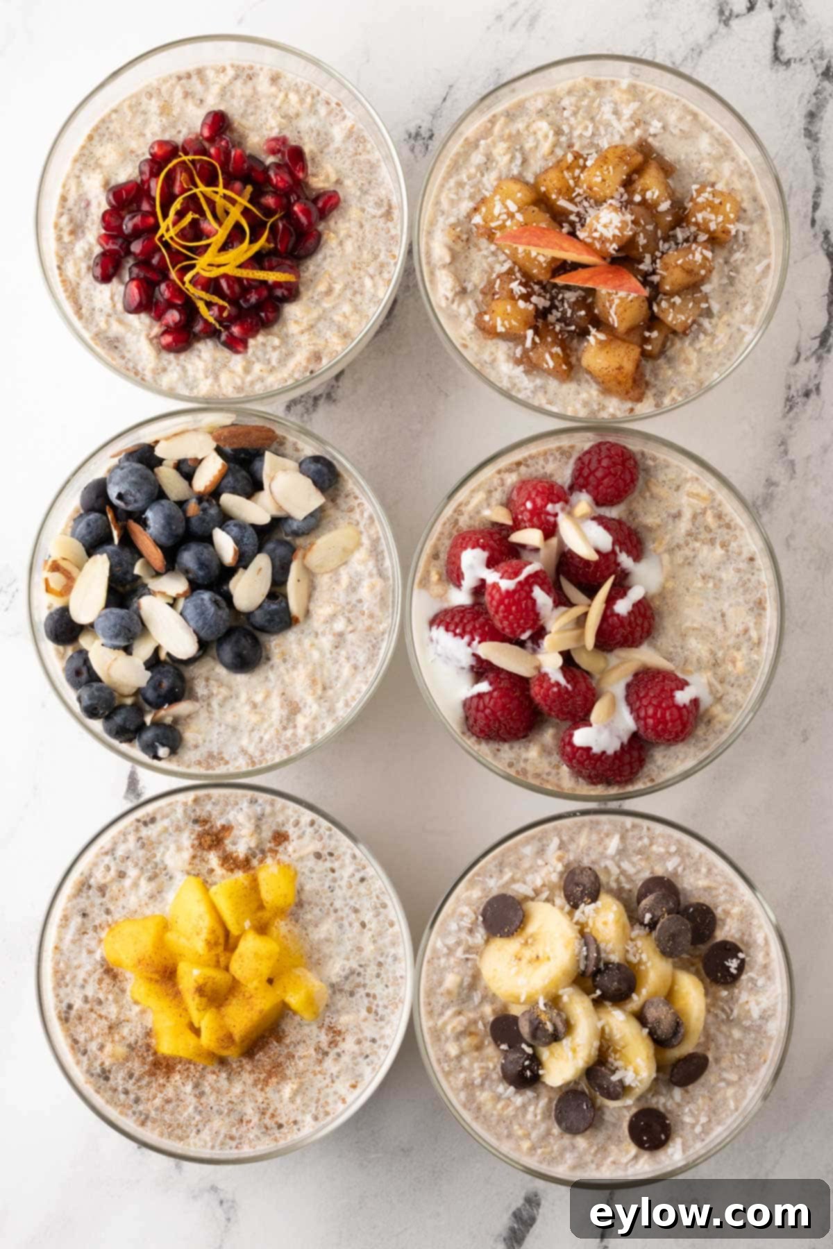 Six bowls of overnight oats with a variety of colorful and fresh toppings, ready to be enjoyed.