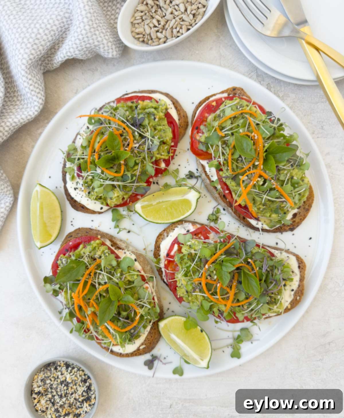 Vibrant Tomato Avocado Toast 2 A round plate of colorful tomato and avocado toasts topped with microgreens and carrot strips.