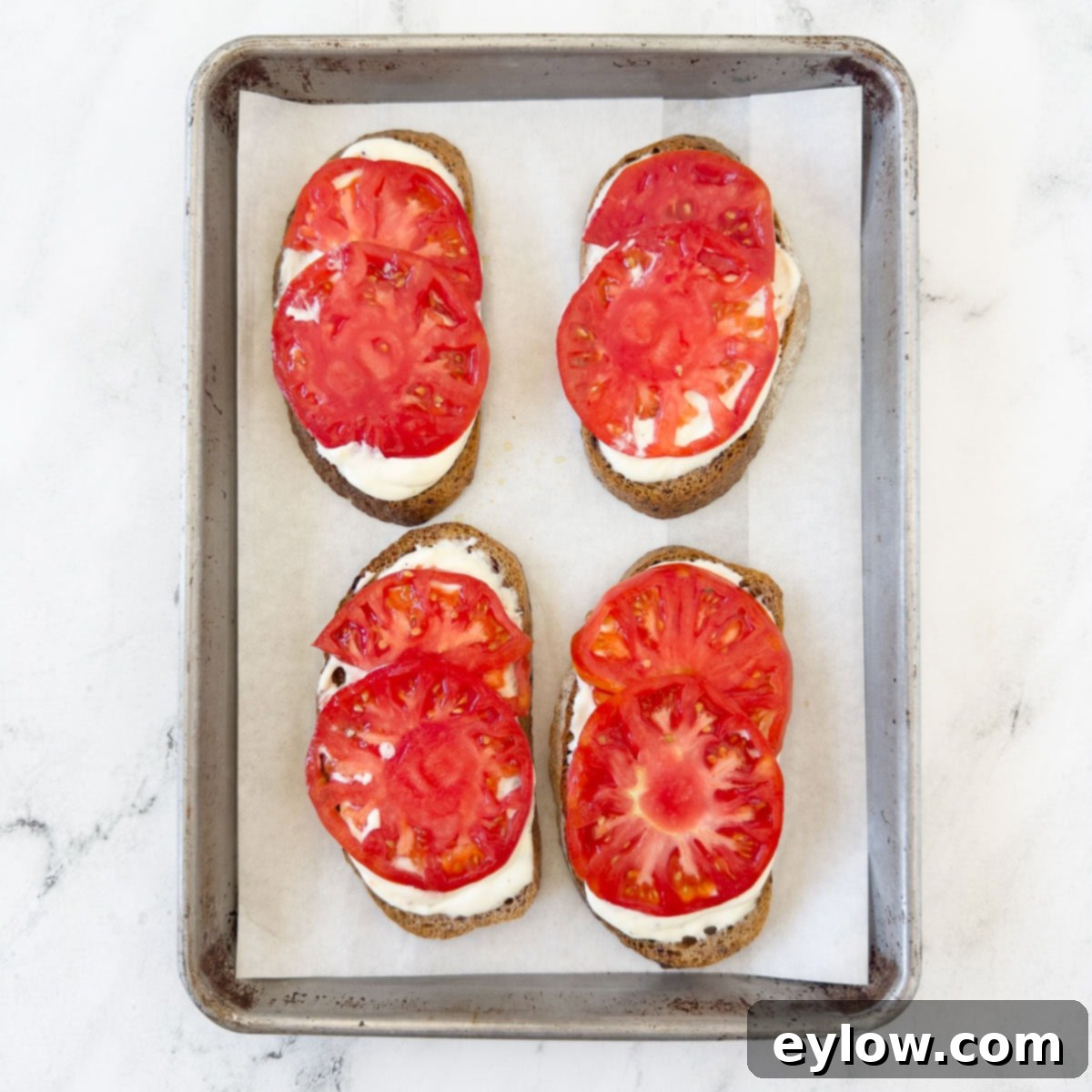 Vibrant Tomato Avocado Toast 6 Slices of bright red tomatoes artfully arranged atop toasted bread with ricotta cheese.