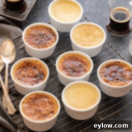 Vanilla bean creme brulee in white ramekins on a wire rack.