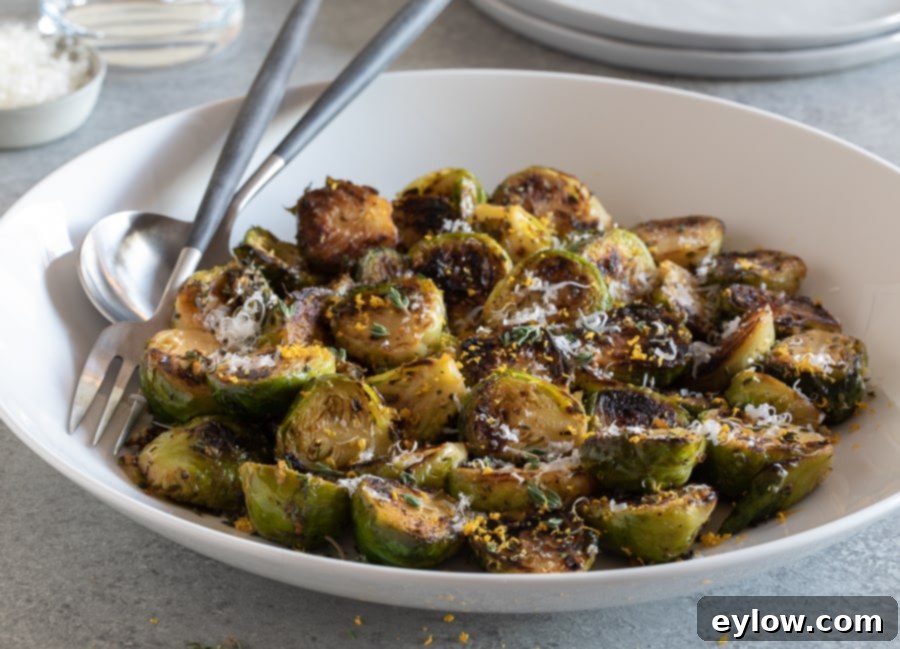 Zesty Lemon and Thyme Brussels Sprouts 4 Sautéed Brussels sprouts tossed with lemon zest and Parmesan cheese in a white bowl, ready for serving.