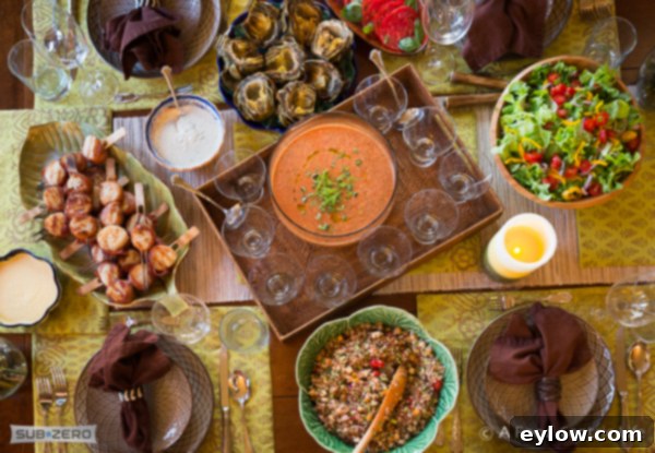 A top down shot of the dinner table with all of the wonderful foods we prepared. 