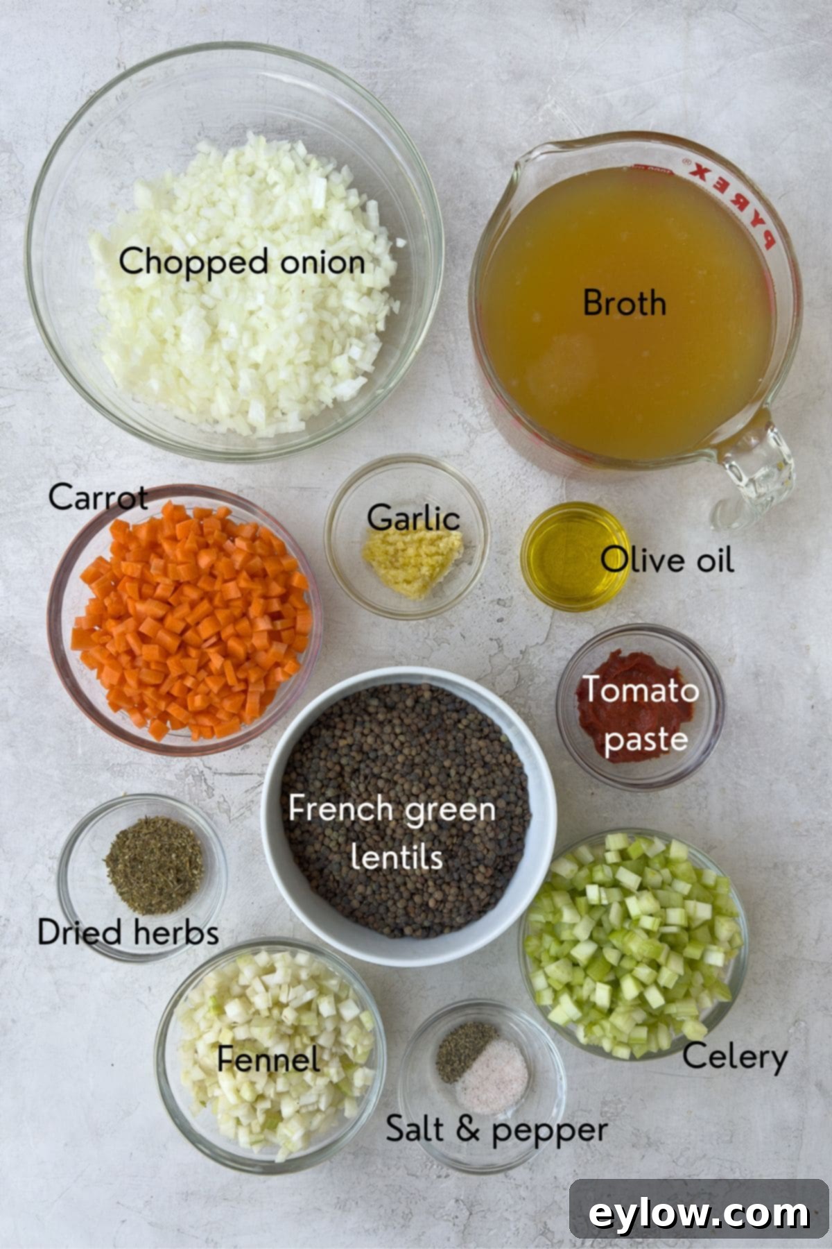 Ingredients for lentil soup with labels on a counter top. Fresh vegetables and pantry staples are shown.
