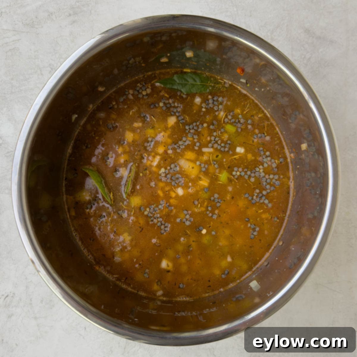 Vegetables, lentils, broth and herbs ready to cook for lentil soup in an Instant Pot.
