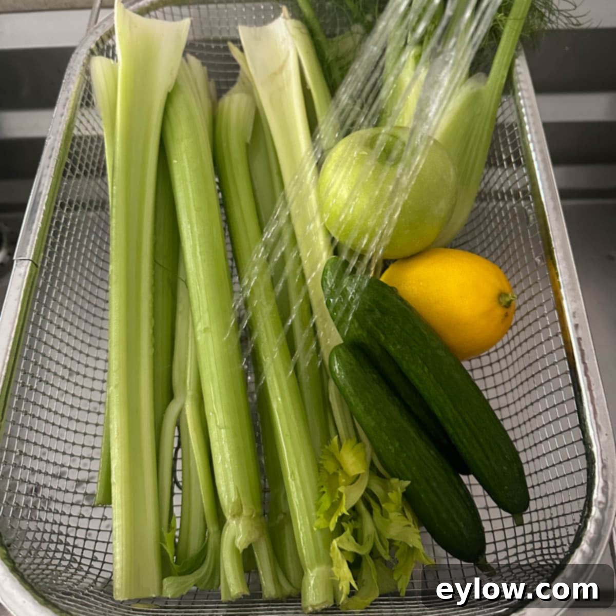 Crisp Green Elixir 4 Washing fruit and vegetables for juicing in a wire silver basket.