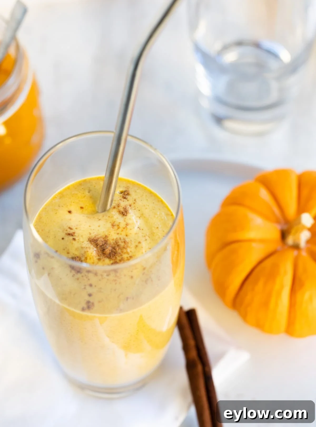 Wholesome Pumpkin Fix in Minutes 2 A beautiful orange colored creamy pumpkin smoothie in a tall glass with a steel straw.