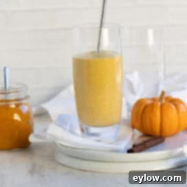 Wholesome Pumpkin Fix in Minutes 9 A creamy orange pumpkin smoothie in a tall glass.