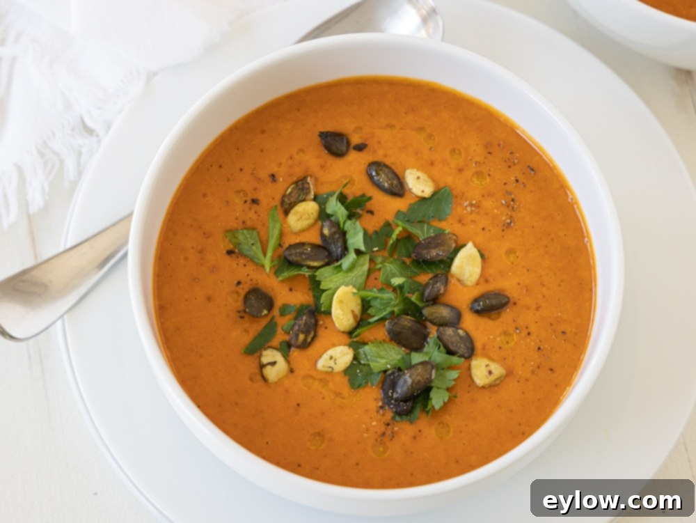 Smoky Sweet Sheet Pan Red Pepper Soup 5 Overhead shot of a bowl of sheet pan roasted red pepper soup with a spoon, ready to enjoy.