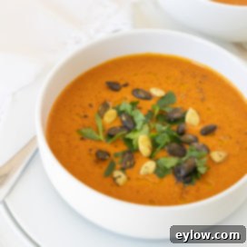 Smoky Sweet Sheet Pan Red Pepper Soup 6 A bowl of creamy roasted red pepper soup with a spoon.