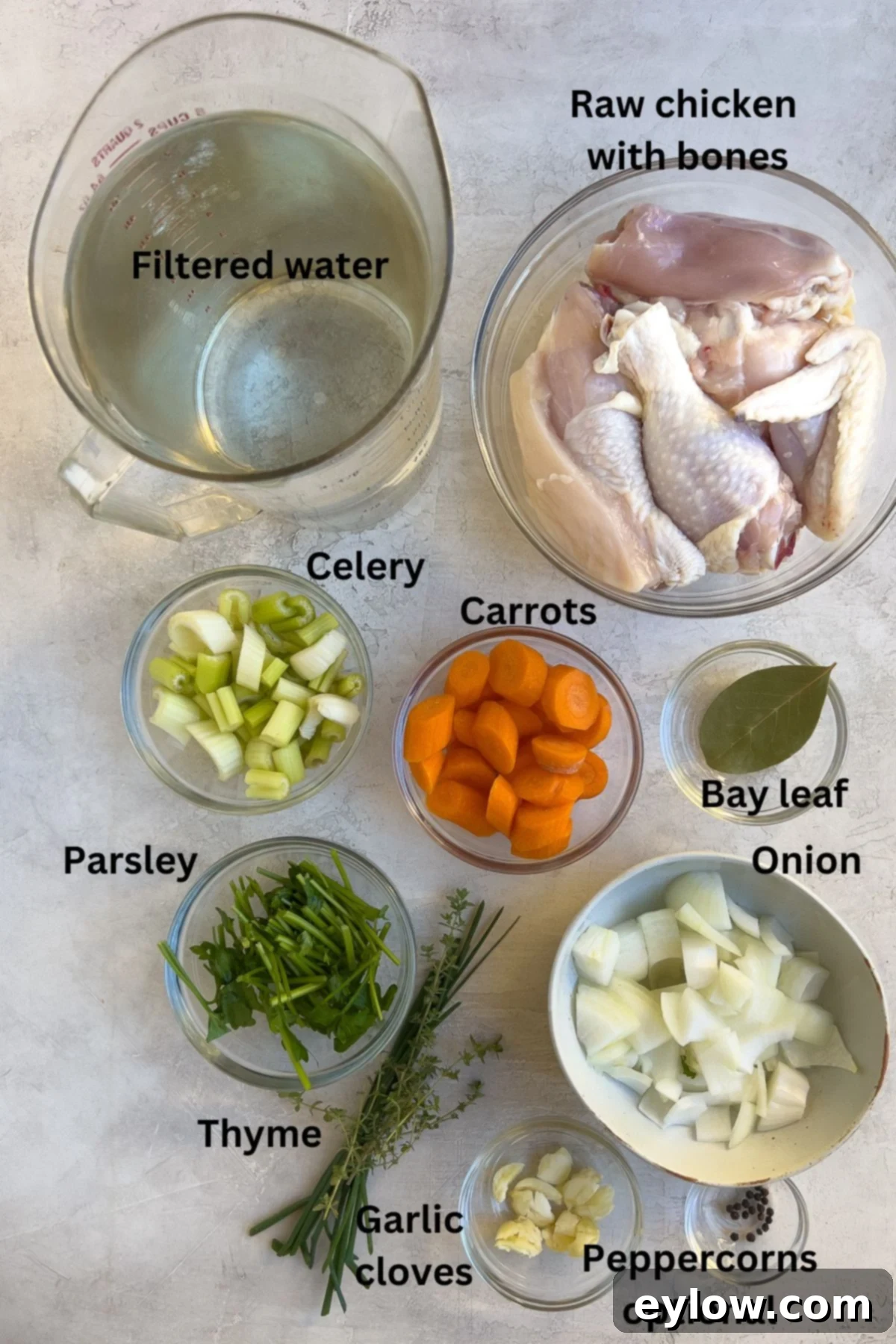Ingredients for chicken broth on the counter. 