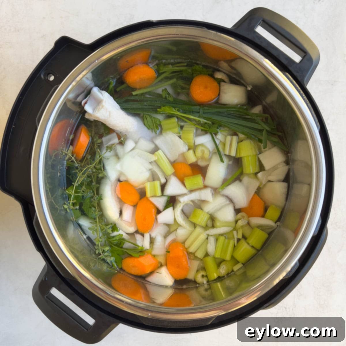 View into an Instant Pot for making chicken broth.